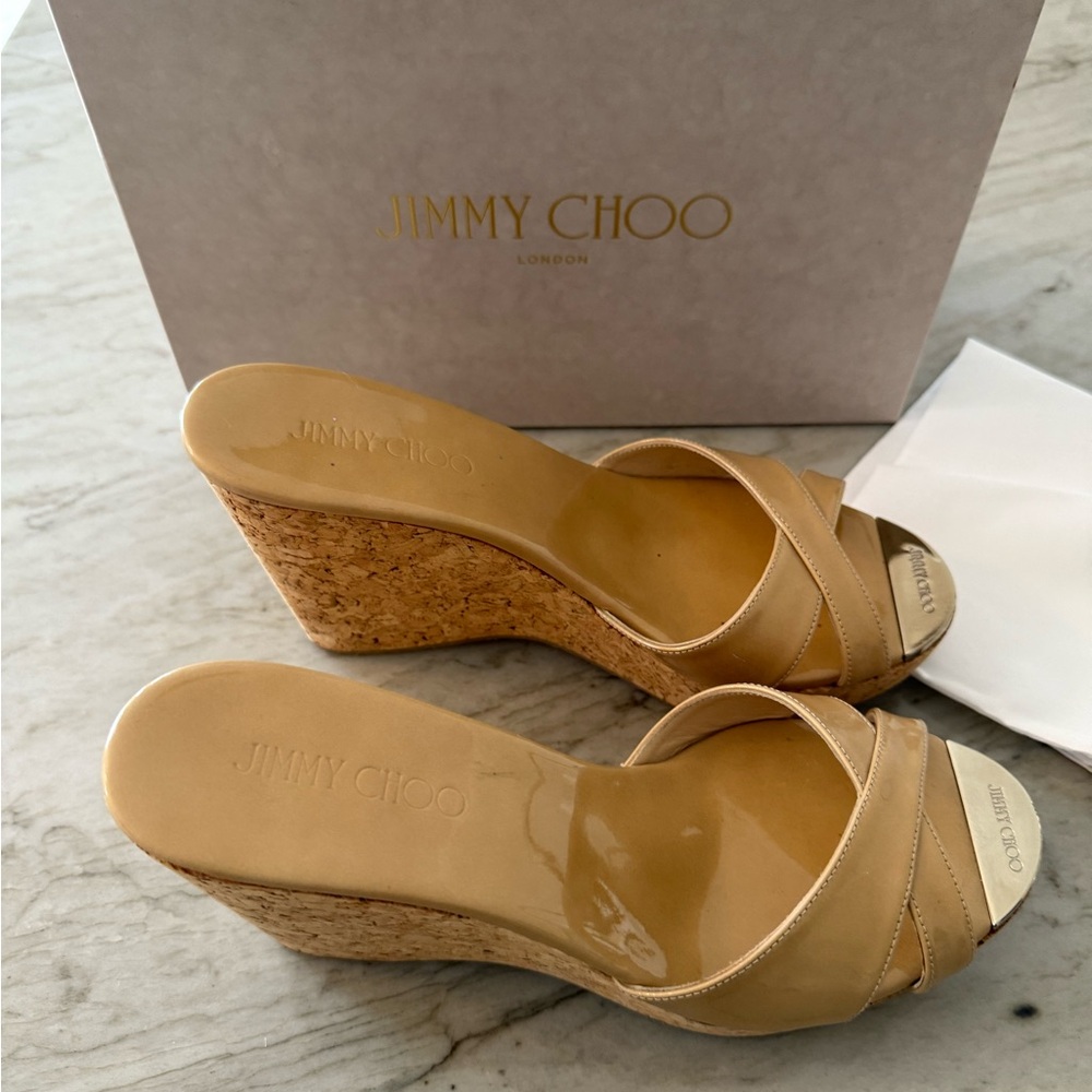 Jimmy Choo Nude Perfume Patent Leather Wedge Sandals - Picture 4 of 6